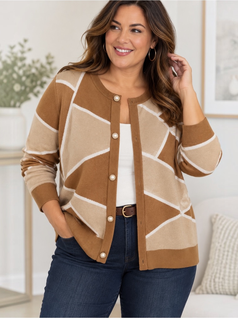Draper’s & Damon’s Cardigan Women 1X Brown Tan Geometric Pearl Button Sweater